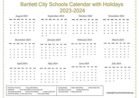 Bartlett City Schools Calendar with Holidays 2023-2024