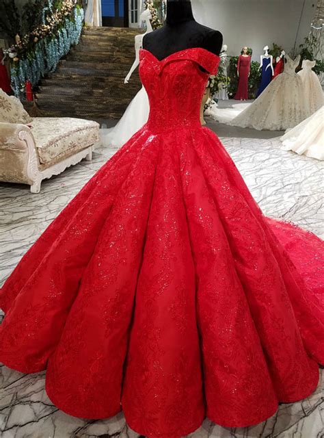 Red Ball Gown Off The Shoulder Lace Sequins Train Wedding Dress