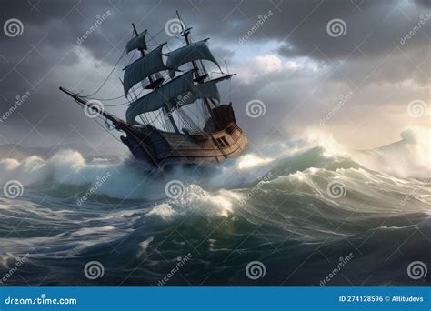 Pirate Ship Sinking in Stormy Sea, with Waves Crashing Against the Hull ...