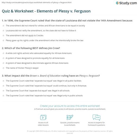 Quiz & Worksheet - Elements of Plessy v. Ferguson | Study.com