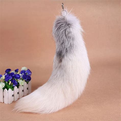 18" Huge Fluffy White Gray Fox Tail Fur Cosplay Toy Alopex Lagopus Ring ...