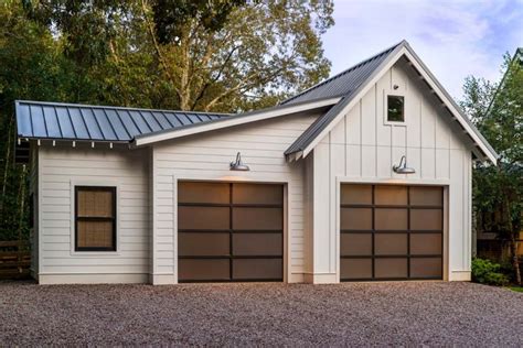 two car transitional white & black detached garage. | Garage design ...