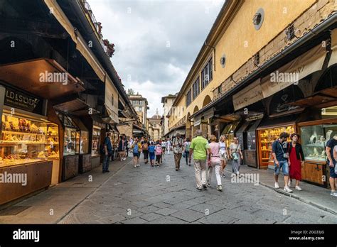 Inside bridge Ponte Vecchio in Florence. Closed Antique Jewelry Shops ...