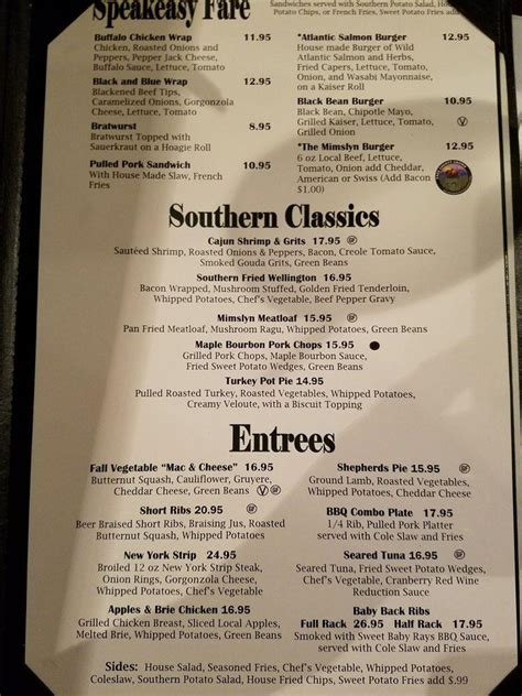 Menu at The Speakeasy Bar & Restaurant, Luray