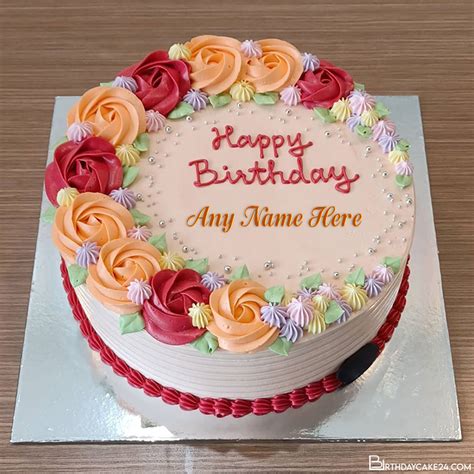 Write Name On Colorful Flower Happy Birthday Cake Images