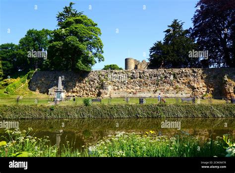 View of outer walls and twin towered gatehouse of Tonbridge Castle from ...