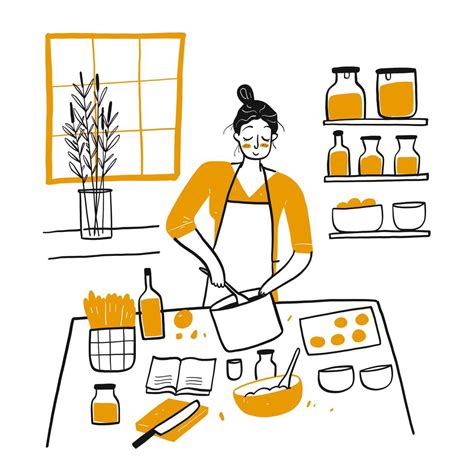 Hand drawn young woman cooking in kitchen 1222267 Vector Art at Vecteezy