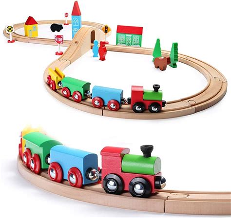 Buy SainSmart Jr. Wooden Train Set Toy with Double-Side Train Tracks, 4 ...