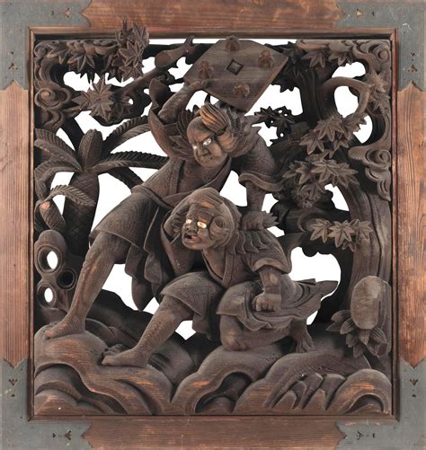 Lot - JAPANESE WOOD CARVING Depicts men battling, with one attacking ...