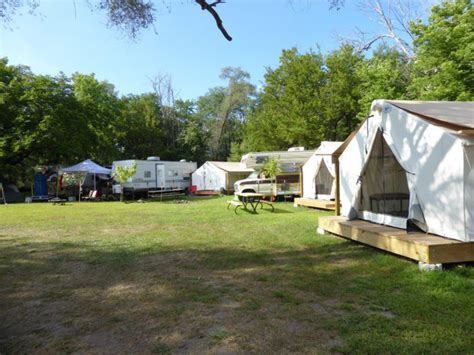 there are many tents set up in the grass next to each other with trees ...