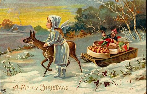 Victorian Christmas card with little girl and deer in the snow with a ...