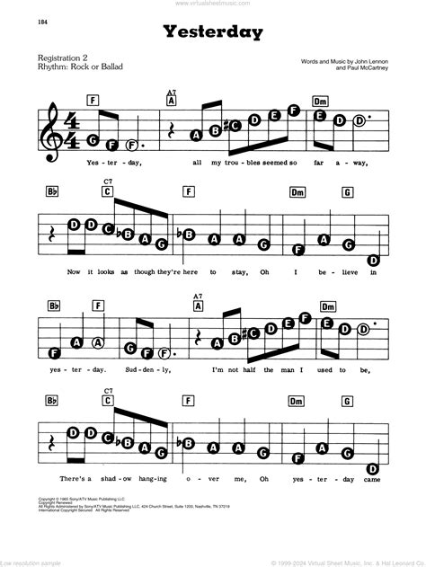 Yesterday sheet music for piano or keyboard (E-Z Play) (PDF)