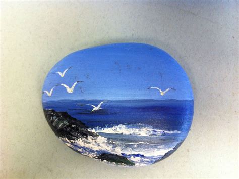 Hand Painted on a rock Seagulls Ocean View Cliffs Waves Whitecaps Art ...