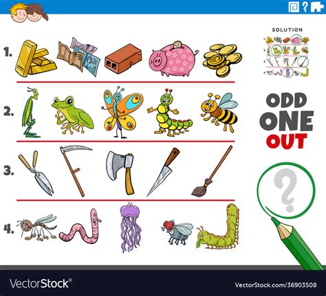 Odd one out picture game with cartoon objects and Vector Image