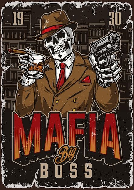 Premium Vector | Mafia vintage poster with skeleton boss