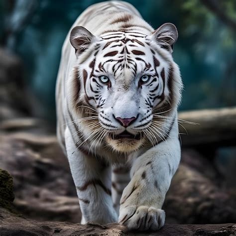 Premium AI Image | A white tiger with blue eyes walks on a rock.