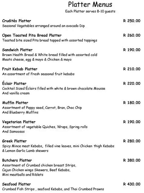 Menu at Cradle Moon Lakeside Game Lodge restaurant, Roodepoort