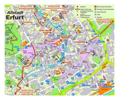 Large detailed travel map of central part of Erfurt city | Erfurt ...