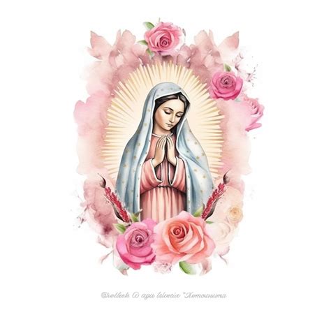 A watercolor painting of a virgin mary with roses on the bottom ...