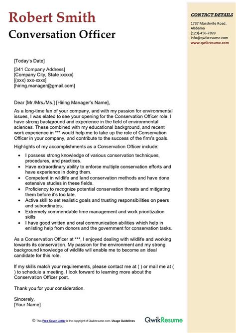 Conservation Officer Cover Letter Examples - QwikResume