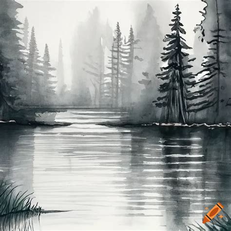 Realistic pencil drawing of a forest lake on Craiyon