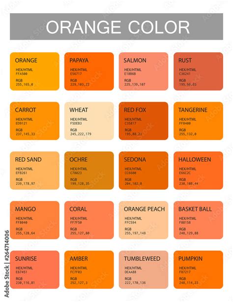 Orange. Color codes and names. Selection of colors for design, interior ...