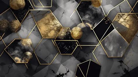 Gold Geometric Wallpaper Wall In A Black And Gold Living Room ...