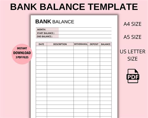 Bank Balance Printable Balance Sheet Bank Summary Finance - Etsy