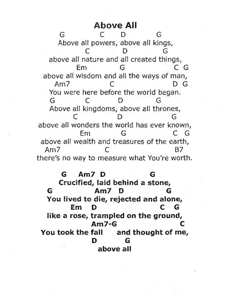 Above All chord sheet - Above All G c D G Above all powers, above all ...