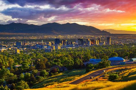 Salt Lake City Skyline at Sunset with Wasatch Mountains in the ...