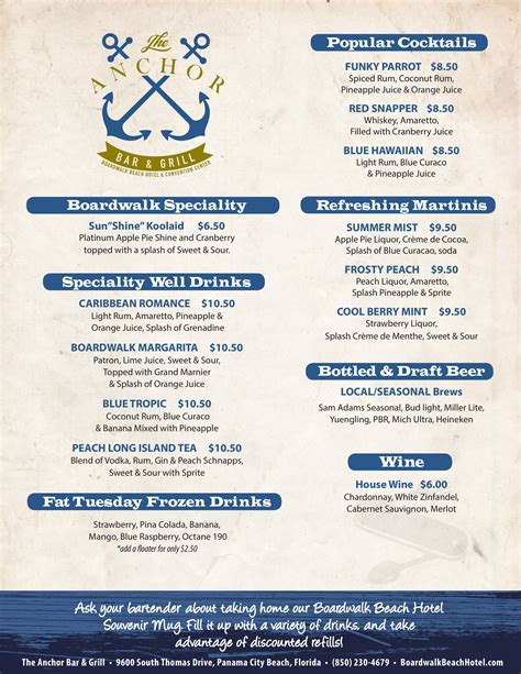 Menu for The Anchor Bar & Grill in Panama City Beach, FL | Sirved