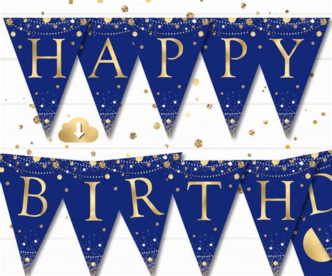 Happy Birthday Banner Blue Gold Birthday Flags Printable - Etsy Norway