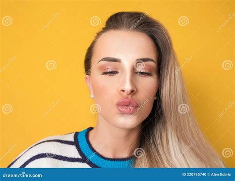 Pursed Lips of Trendy Woman while Make a Selfie, Amused Girl Wants To ...