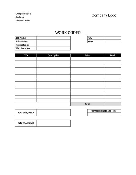 Work Order Form Template Excel