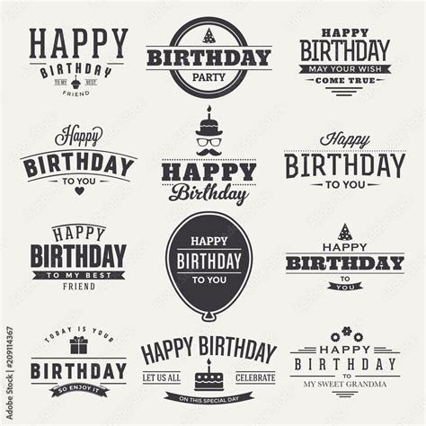 Happy birthday design with labels collection themed badge, logo, icon ...