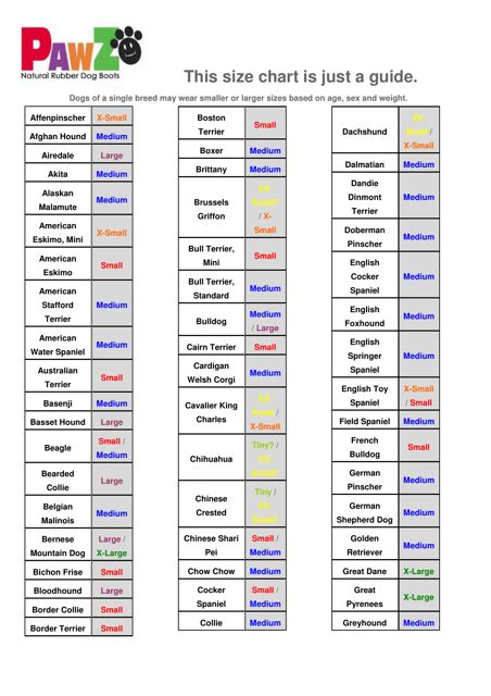 Dog Boots Size Chart - Pawz Download Printable PDF | Templateroller