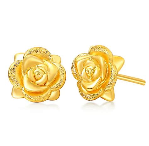 Real Solid 24K Yellow Gold Earrings Women's Rose Flower Stud Earrings ...