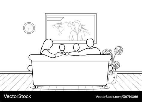 Line art drawing family watching tv Royalty Free Vector