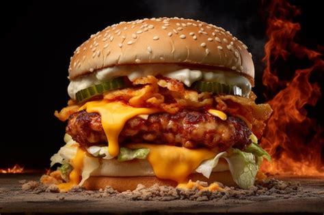 Premium AI Image | Chicken crunch burger on black background with fire