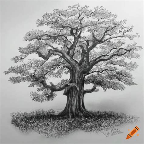 Detailed pencil drawing of an oak tree on Craiyon