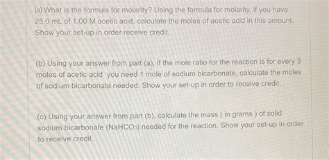 [Solved] (a) What is the formula for molarity? Using the formula for ...