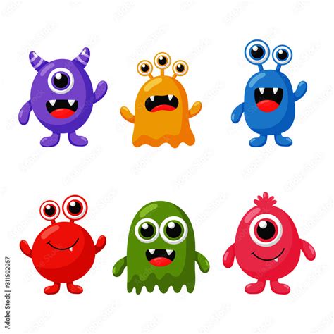 set of cute funny monster cartoon isolated on white background ...