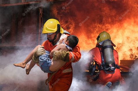 Premium Photo | Firefighter holding child boy to save him in fire and ...