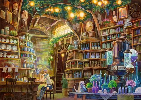 Anime architecture, pretty, colorful, cafe, potions, books, manga ...