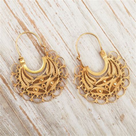 24k Gold-Plated Filigree Hoop Earrings - Golden Lace | NOVICA