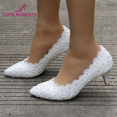 2 Inches Kitten Heel Girl Dress Shoes White Pink Lace Flower Party Prom ...