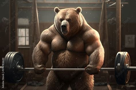 Bear man does physical exercise with heavy weights in the gym ...