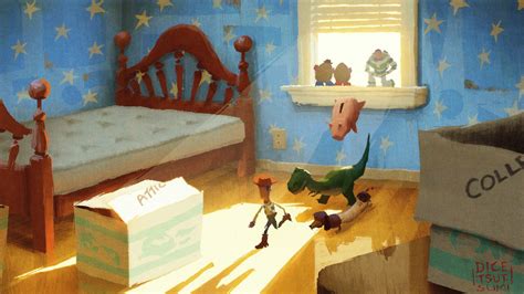 an image of a bedroom scene with toys on the floor