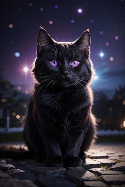 Premium AI Image | a black cat with purple eyes sits on a sidewalk in ...