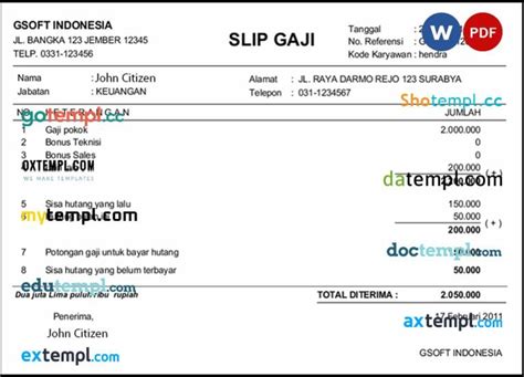 Indonesia GSOFT payslip template in Word in PDF formats